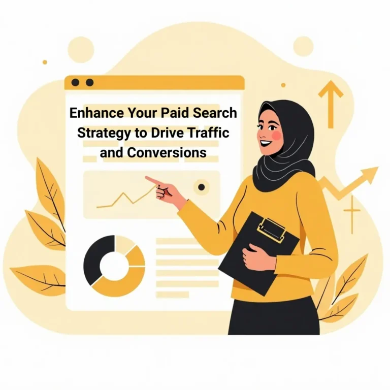 Illustration of a Muslim woman best digital marketing expert in malappuram pointing at a web analytics dashboard with the text 'Enhance Your Paid Search Strategy to Drive Traffic and Conversions' - representing SEM services.
