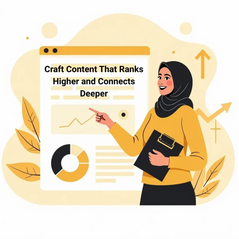 Illustration of a Muslim woman best digital marketing expert in malappuram pointing at a web analytics dashboard with the text Craft Content That Ranks Higher and Connects Deeper' - representing Content Marketing services.