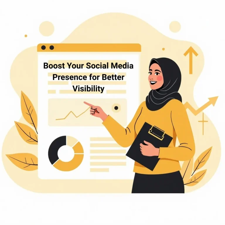 Illustration of a Muslim woman best digital marketing expert in malappuram pointing at a web analytics dashboard with the text ‘Boost Your Social Media Presence for Better Visibility' - representing SMM services.