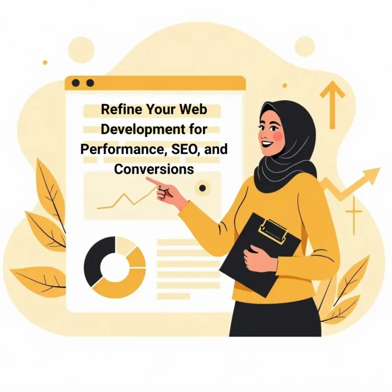 Illustration of a Muslim woman best digital marketing expert in malappuram pointing at a web analytics dashboard with the text ‘Refine Your Web Development for Performance, SEO, and Conversions' - representing Website Design and Development services.