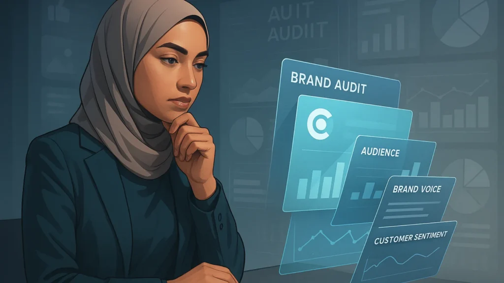 A thoughtful digital marketing professional- woman analyzing a multi-layered brand audit dashboard, with holographic layers peeling back a brand’s logo, audience engagement stats, brand voice elements, and customer sentiment data; in the background, fading social media likes and outdated visuals dissolve into analytical graphs and clarity-focused visuals — modern, sleek, professional style with a futuristic and introspective mood for the blog brand auditing in 2025