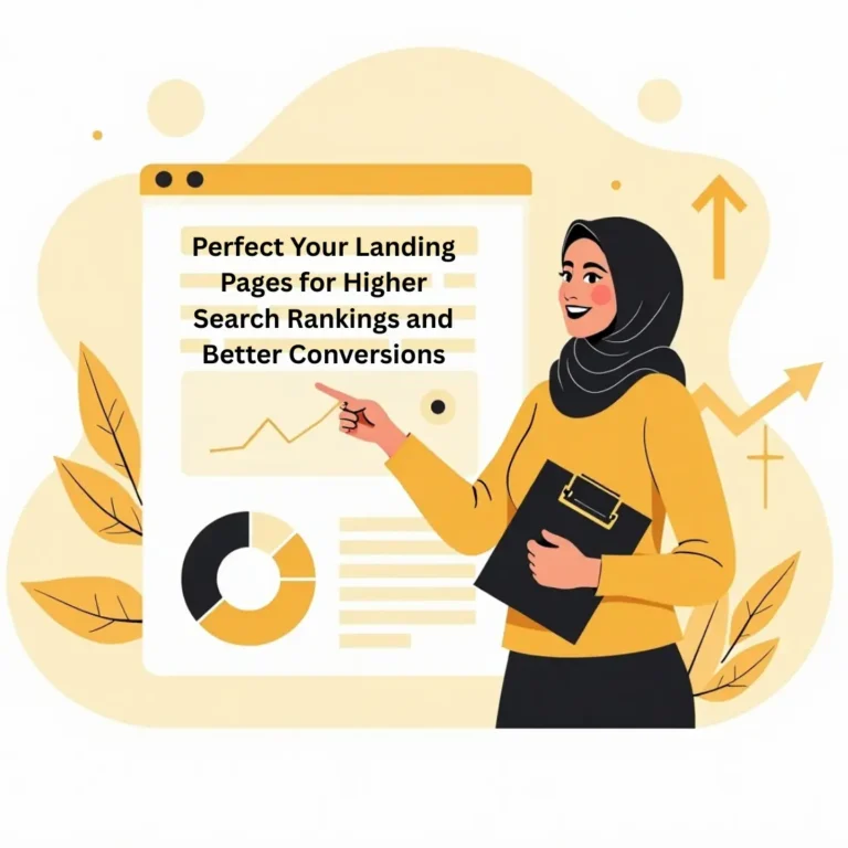 Illustration of a Muslim woman best digital marketing expert in malappuram pointing at a web analytics dashboard with the text ‘Perfect Your Landing Pages for Higher Search Rankings and Better Conversions' - representing SEO services.
