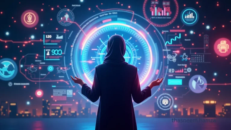Futuristic digital marketing scene for the blogs by the best freelance digital marketer in malappuram featuring a modest Muslim woman at the center of a virtual command hub, surrounded by floating data charts, AI-driven tools, and disruptive icons like lightning bolts breaking traditional advertising symbols; dramatic neon lighting with deep shadows, social media logos, SEO graphs, chatbot icons, and holographic interfaces hovering around—cinematic, tech-forward, and powerful visual aesthetic